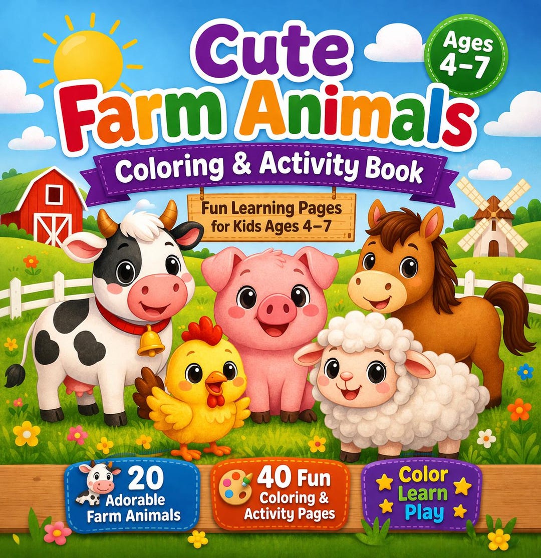 Printable Farm Animals Coloring & Activity Book for Kids Ages 4–7 ...