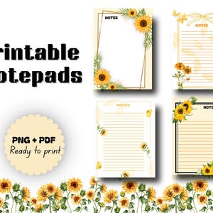 Könnte beinhalten: Druckbare Notizblöcke mit Sonnenblumen-Designs. Das Bild zeigt mehrere Notizblockvorlagen mit floralen und Schmetterlingsakzenten. Jeder Notizblock hat ein liniertes oder leeres Innere, mit dem Wort "NOTES" oben. Die Notizblöcke sind im PNG- und PDF-Format druckfertig.