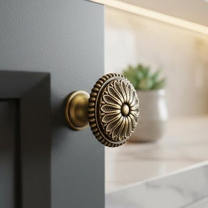 Antique Solid Brass Cabinet Knobs, Floral Victorian Drawer Pulls, Vintage Gold Round Knobs for Dresser, Wardrobe & Kitchen Cabinets