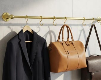 Gold Wall Mounted Rail with Hooks, Brass Hanging Rod with S Hooks, Kitchen Utensil Rack, Bathroom Towel Rail, Entryway Organizer