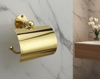 Polished Gold Toilet Paper Holder with Cover, Wall Mounted Tissue Holder, Luxury Bathroom Accessory, Modern Elegant Gold Bathroom Fixture