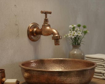 Vintage Wall Mounted Faucet, Antique Copper Brass Tap, Industrial Bathroom Sink Faucet, Rustic Garden Spigot, Farmhouse Water Tap