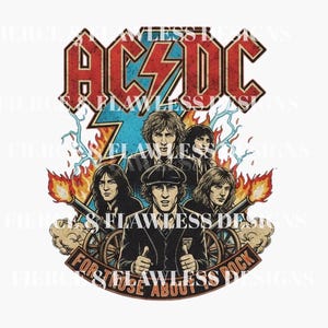 Puede incluir: Diseño gráfico de AC/DC con los miembros de la banda, un rayo rojo y azul y el texto "AC/DC". El diseño incluye llamas, cañones y el texto "For Those About To Rock".