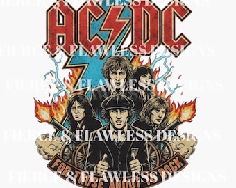 May include: AC/DC graphic design featuring the band members, a red and blue lightning bolt, and the text "AC/DC". The design includes flames, cannons, and the text "For Those About To Rock".