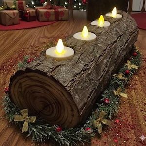 Bûche de Noël artisanale avec 4 photophores LED