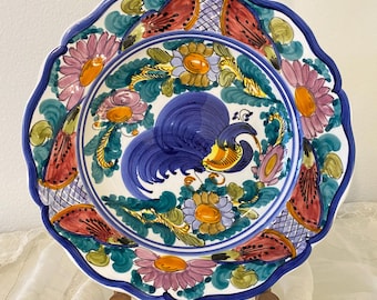 Vintage Greek Hand Painted Plate | Peacock Design | Mediterranean Pottery | Romantic Cottage Decor | 9.5”