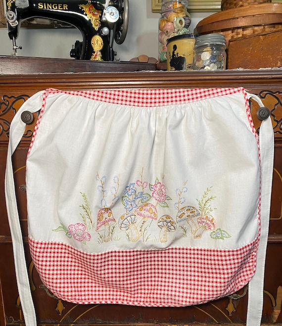Vintage Embroidered Mushroom Half Apron | Red Gingham Waist Apron | Cottagecore Kitchen Decor
