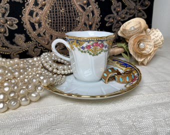 Royal Limoges France Demitasse Cup and Saucer | Cobalt Blue & Gold Floral Porcelain | French Espresso Cup