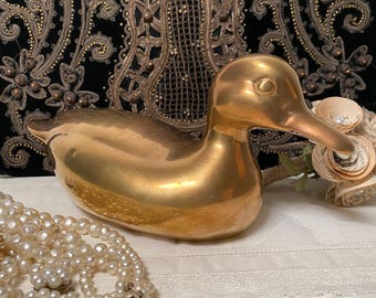 Vintage Solid Brass Duck Figurine, Hollywood Regency Bird Statue, MCM Home Decor