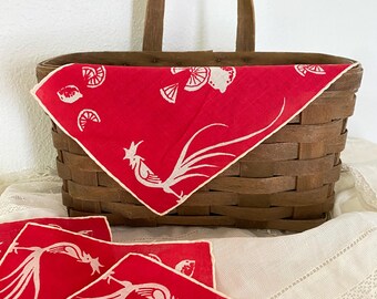 Set di 8 tovaglioli da cocktail vintage rossi con stampa di gallo e agrumi, in lino stile retrò.