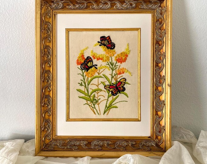 Vintage Crewel Butterfly Floral Wall Art | Framed Textile Art | Gold ...