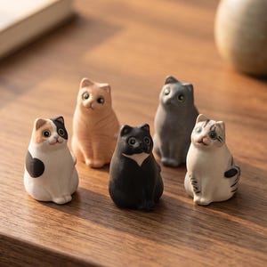 Puede incluir: Colección de seis figuras de gatos de cerámica en varios colores y patrones. Los gatos están en posición sentada con rasgos faciales detallados. La paleta de colores incluye negro, blanco, naranja y gris.
