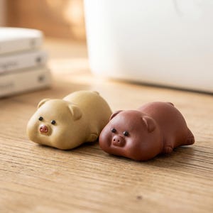 Handmade Ceramic Pig Figurine, Relaxed Animal Ornament, Tiny Desk Accessory