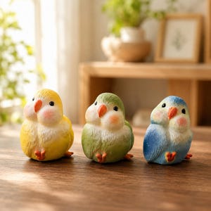 May include: Three small bird figurines in yellow, green, and blue. Each bird has a rounded body, a small orange beak, and pink-tinted cheeks. The figures are textured to resemble feathers and are positioned side by side on a flat surface.
