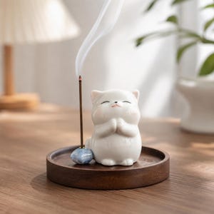 Puede incluir: Una figura de gato de cerámica blanca con los ojos cerrados y las manos juntas en posición de oración, sobre una bandeja redonda de madera oscura. Un incienso fino se sostiene en un pequeño soporte de piedra azul, emitiendo humo.
