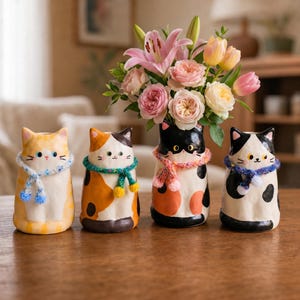 Handmade Ceramic Cat Vase, Derpy Kitty Flower Holder, Bookshelf Desk Decor