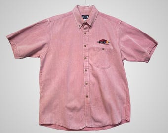 Three Mens Short Sleeve Button Down Shirt Pink Denim Car Embroidery Size L