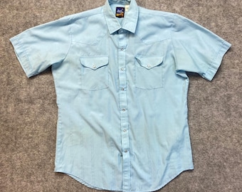 Camisa Rock Canyon Western Snap Masculina Tamanho 16,5 Azul Claro Vintage Listrada Dobby