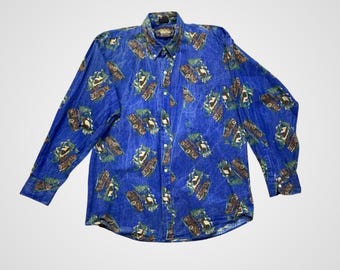 Chaps Ralph Lauren Button Down Mens L Blue Vintage Woody Wagon Mountain Print