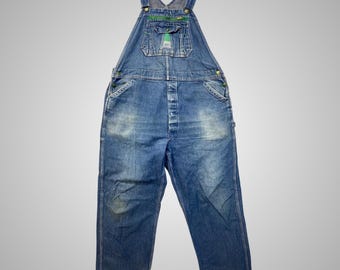 Liberty Mens Vintage Denim Bib Overalls Blue Med Wash Patented Green Accents W38