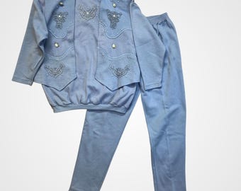 Completo pantalone Rafael da donna, taglia L, blu, con decorazioni di perle, in pile, ideale per il tempo libero.