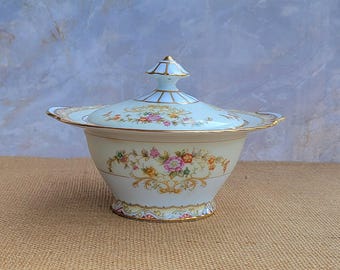 Noritake Japan Sugar Bowl With Lid Flower And Garland Pattern With Gold Trim