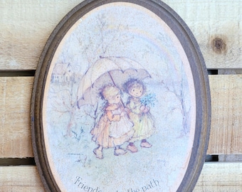 Vintage 1970s Mary Hamilton Hallmark FRIENDSHIP Oval Wood WALL PLAQUE For Home Decor Cottagecore