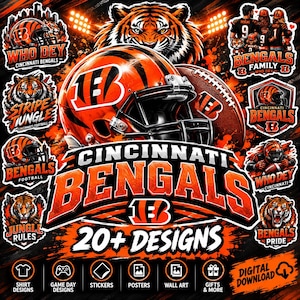Könnte beinhalten: Eine digitale Sammlung von Cincinnati Bengals-Grafiken mit einem orange-schwarzen Football-Helm, einem Tigergesicht, einem Football und verschiedenen Team-Logos mit dem Text Who Dey, Stripe Jungle, Bengals Family und 20+ Designs.