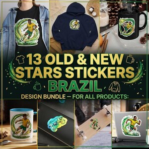 Brazil Football Stickers Soccer PNG - 14 Legendary Players Anime Style, Pele Ronaldinho Neymar Vinicius Jr R9 Decals, T-Shirt & Mug Designs