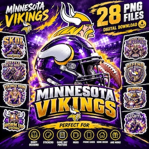 Pack de 28 PNG Minnesota Vikings, PNG de football américain Vikings, designs de t-shirts pour les jours de match, autocollants SKOL, design Vikings amusant, PNG NFL, clipart de casque