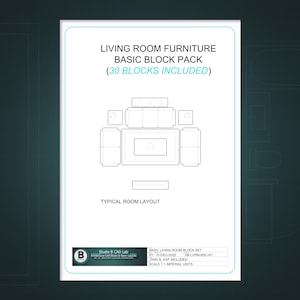 May include: A white document with a teal border shows a living room furniture layout. Text reads "LIVING ROOM FURNITURE BASIC BLOCK PACK (30 BLOCKS INCLUDED)" and "TYPICAL ROOM LAYOUT". The layout includes a sofa, chairs, and a coffee table.