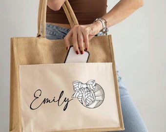 Personalized Volleyball Tote bag, Custom Coquette Bow Sports Gift, Aesthetic Athlete Gameday bag, Volleyball Mom jute bag
