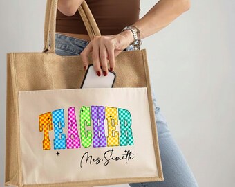 Personalized Teacher Tote bag, Custom Colorful Checkered Gift, Elementary Educator Appreciation Purse, Back to School jute bag