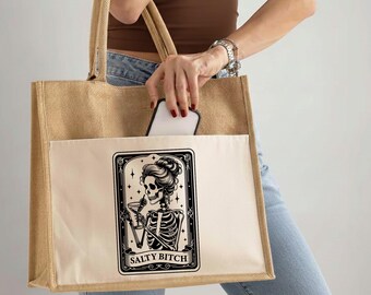 Salty Bitch Tarot Card Tote bag, Skeleton Drinking Cocktail Funny Gift, Gothic Aesthetic Dark Humor Bag, Sarcastic Skeleton jute bag