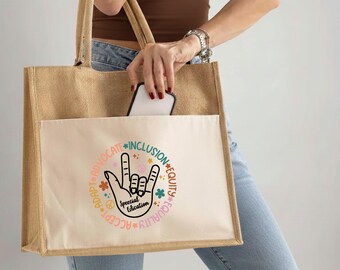 Special Education Tote bag, ASL Love Sign Inclusion Gift, Special Ed Teacher Advocate Purse, Classroom Equality jute bag
