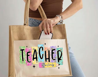 Personalized Teacher Tote bag, Custom Educator Gift, Colorful Pencil Art Classroom Appreciation Bag, School Staff jute bag
