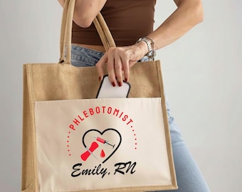 Personalized Phlebotomist Tote Bag, Custom Phlebotomy Gift, Healthcare Blood Draw Technician Purse, Medical Graduation Present jute bag