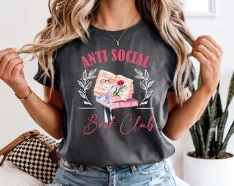 Comfort Colors Anti Social Book Club Shirt, Bookworm Graphic Tee, Bibliophile Gift, Coquette Ribbon Bow Book Shirt, Aesthetic Reader T-Shirt