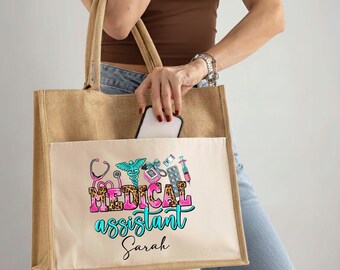 Personalized Medical Assistant Tote Bag, Custom Healthcare Gift, Leopard Print Pink Clinical Nurse Purse, Medical Graduatuin jute bag
