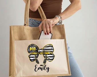 Personalized 911 Dispatcher Tote Bag, Custom 911 Operator Gift Tote, Emergency Dispatcher Tote Bag, 911 Gift jute Bag