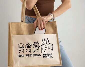 Rock Paper Scissors Murder Mittens Tote bag, Funny Cat Lover Gift, Black and White Kitten Paws Silhouette Purse, Crazy Cat Lady jute bag