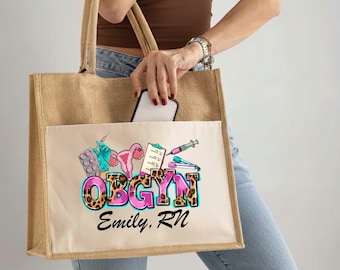 Personalized OBGYN Nurse Tote Bag, Custom Healthcare Gift, Leopard Print Pink Reproductive Health Purse, Midwife Labor and Delivery jute bag