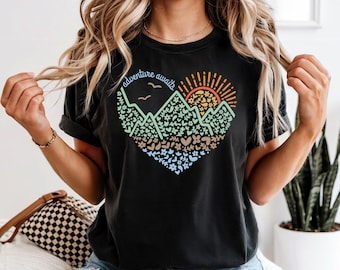 Comfort Colors Adventure Awaits Shirt, Mountain Heart Floral Sweatshirt, Nature Lover Gift, Retro Sun Outdoor Sweater, Hiking Graphic Tee