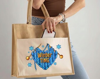 Winter Time Knitting Tote bag, Blue Heart Yarn & Snowflakes Gift, Crafter Hobby Aesthetic Purse, Personalized Knitter Present jute bag