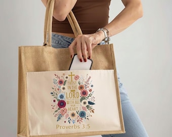 Christian Tote Bag Proverbs 3:5, Trust in the Lord Bag, Bible Verse Jute Bag, Floral Christian Gift, Church Tote Bag
