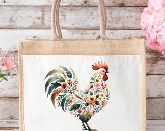 Floral Rooster Jute Tote Bag, Farmhouse Chicken Bag, Country Style Jute Tote, Cottagecore Farm Gift, Chicken Lover Bag