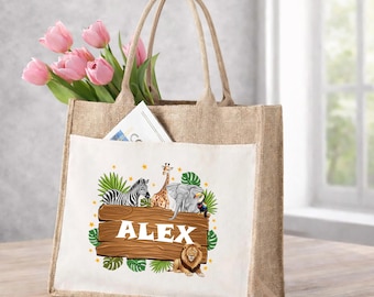 Personalized Safari Jungle Tote bag, Custom Zoo Animal Gift, Kids Adventure Nature Aesthetic bags, Lion Zebra Elephant jute bag