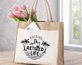 Rocking The Retired Life Tote Bag, Funny Retirement Gift for Women, Tropical Beach Palm Tree Vacation Bag, Grandma Gift jute bag