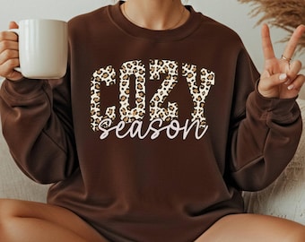 Cozy Season Sweatshirt, Comfort Colors Fall Crewneck, Leopard Print Autumn Shirt, Neutral Fall Aesthetic, Trendy Cozy Girl Gift