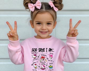 God Says I Am Kids Shirt, Christian Hello Kitty Sweatshirt, Bible Affirmation Kids Tee, Faith Based Christian Shirt